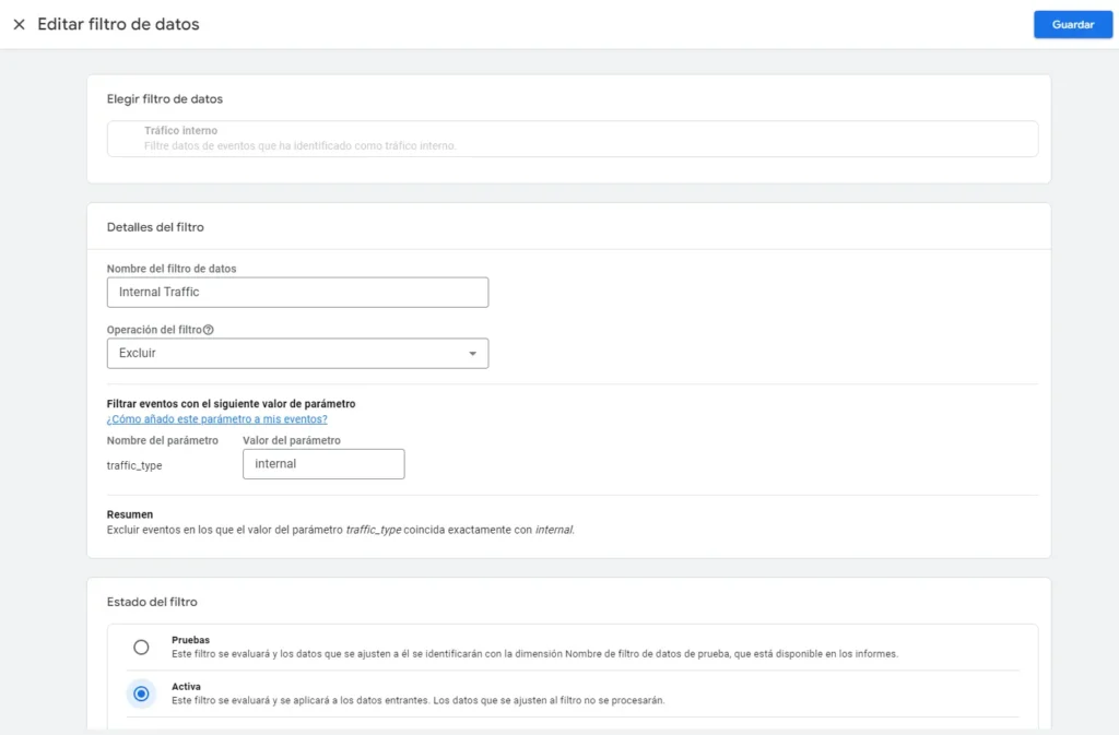 Cómo excluir el tráfico interno en GA4 10 editar el filtro