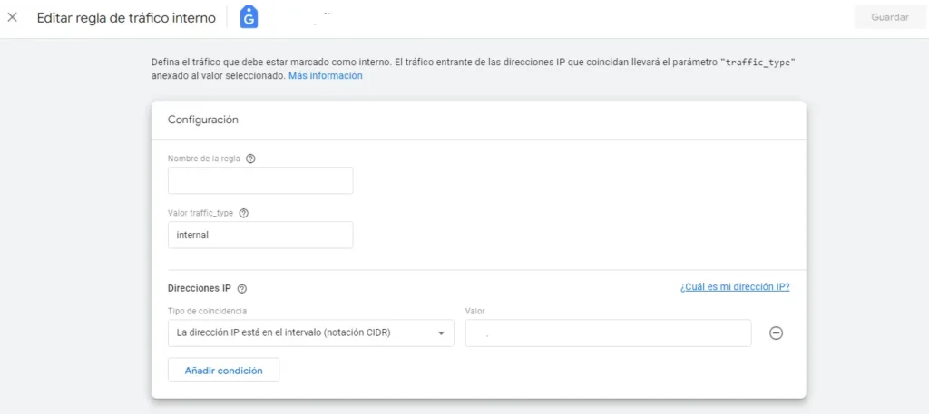 Cómo excluir el tráfico interno en GA4 5 trafico interno regla