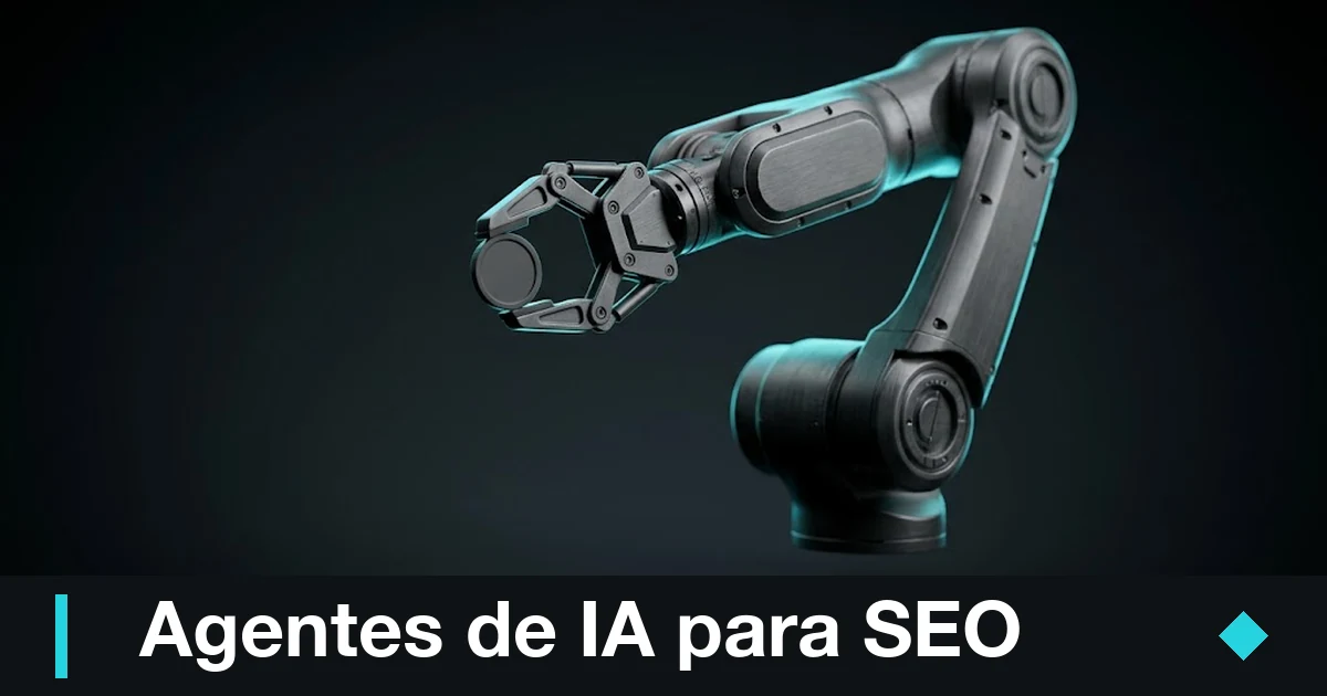 Agentes de IA para SEO: brazo robótico gunmetal clasificando una ficha bajo luz cian