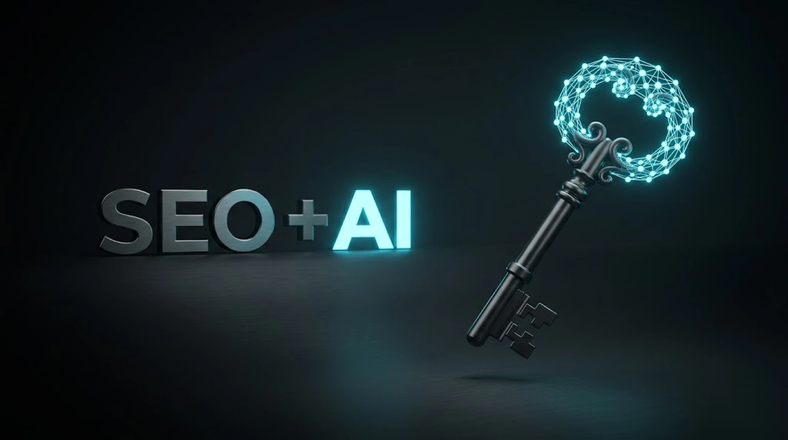 SEO + AI: gunmetal key with a cyan neural network bow; technical SEO powered by artificial intelligence