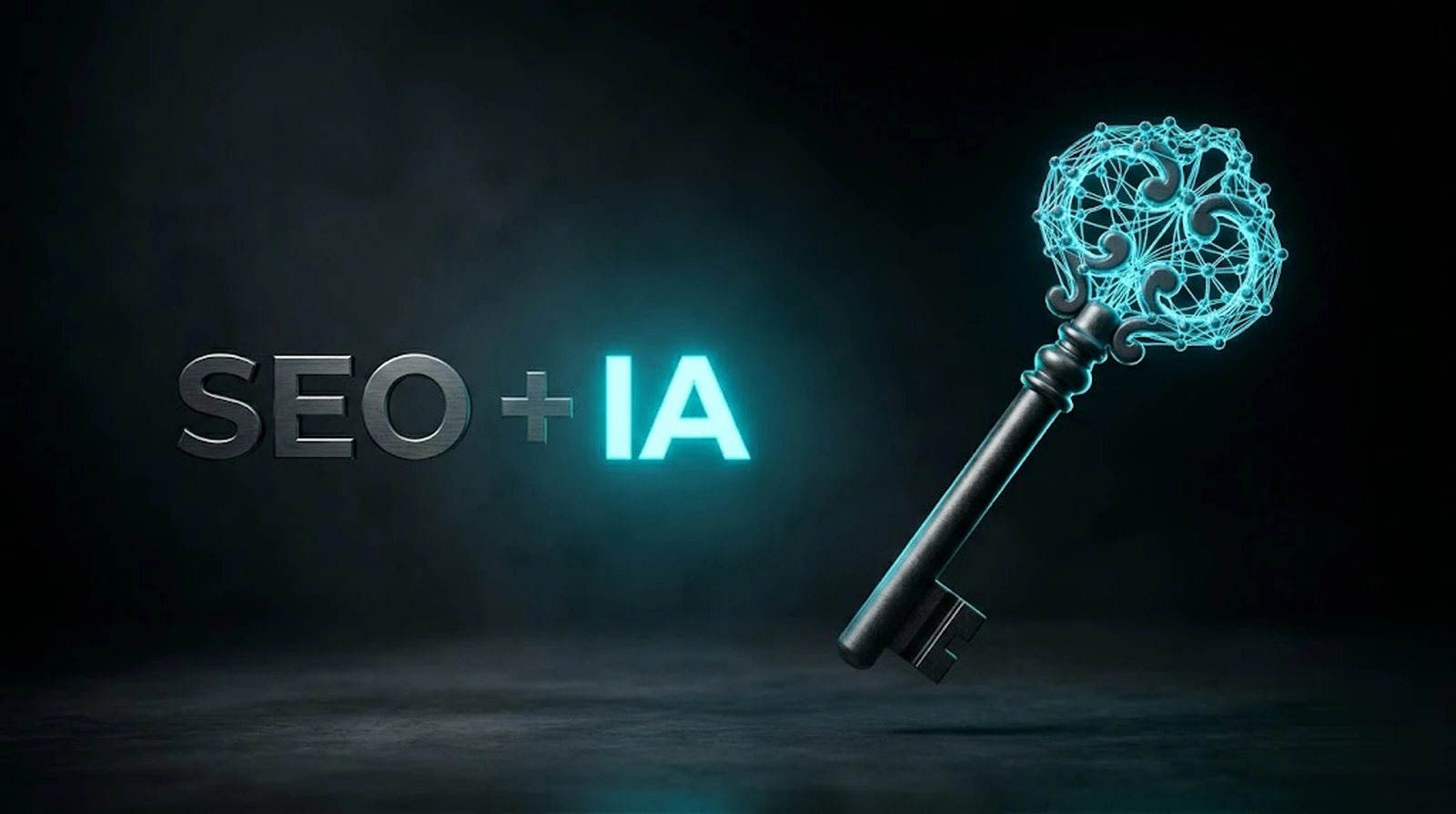 SEO + IA SEO + IA: llave gunmetal con red neuronal cian; SEO tecnico potenciado con inteligencia artificial