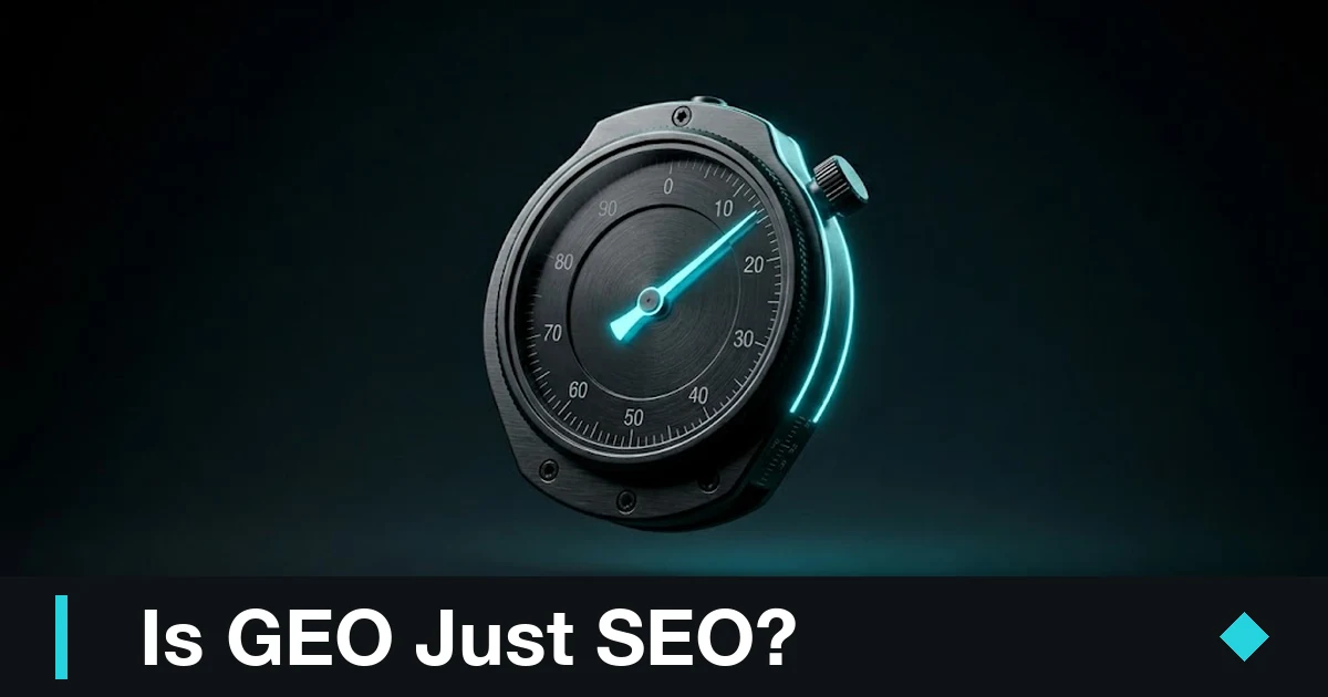 Generative engine optimization: gunmetal calibration dial showing GEO as SEO recalibrated for AI search