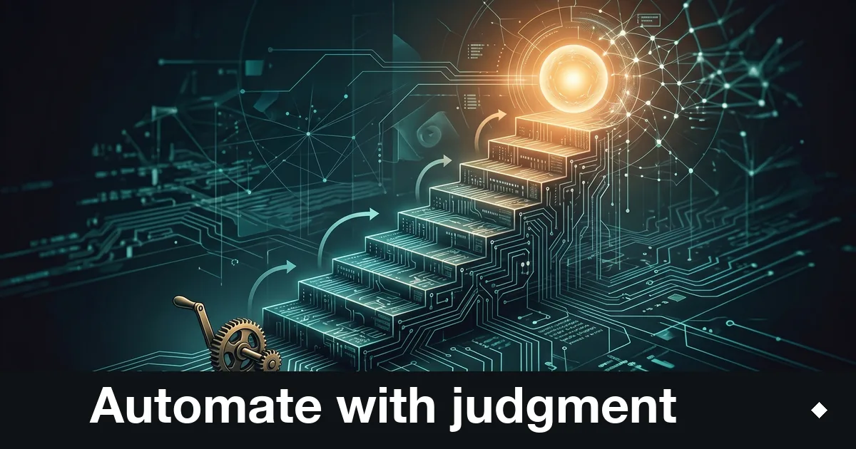 Illustration of the SEO automation ladder: from a hand-crank gear to AI agents and self-improving loops