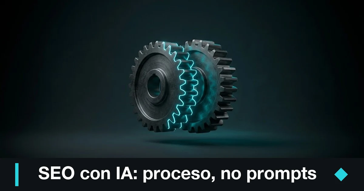 Daniel Pajuelo 4 SEO con IA: dos engranajes gunmetal engranando con luz cian, proceso por encima de los prompts
