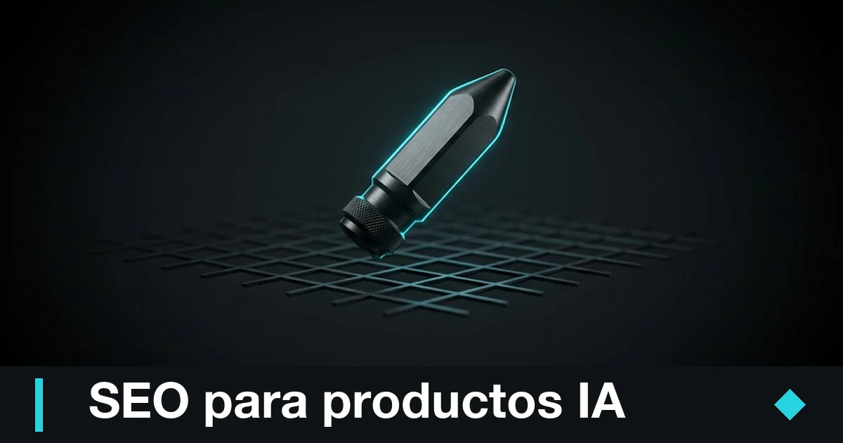 SEO para IA: pin localizador gunmetal clavado sobre una rejilla con borde cian