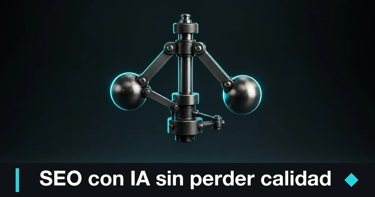 SEO con IA: regulador centrífugo gunmetal con luz cian, acelerar el SEO sin perder calidad